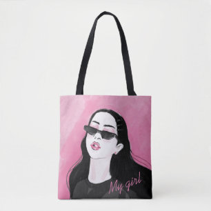 Tote Bag Graphique Personnalisé rose noir moderne fille imp