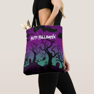 Tote Bag Graveyard noir, violet, turquoise Joyeux Halloween