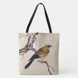 Tote Bag Gravure sur bois japonaise d'un pinson, d'un brun