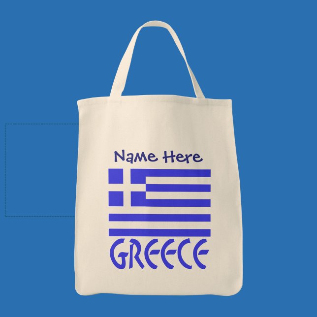 Tote Bag Grèce Pavillon bleu Personnalisation (Personalized tote bag with Greek flag and the word GREECE below in blue letters. Add a name above.)