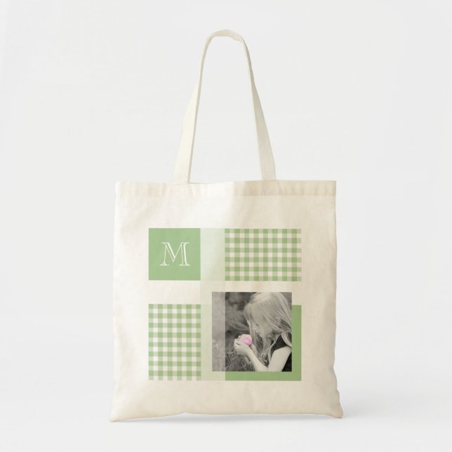 Tote Bag Green Ajouter Votre Photo En vichy Monogramme Mode (Devant)