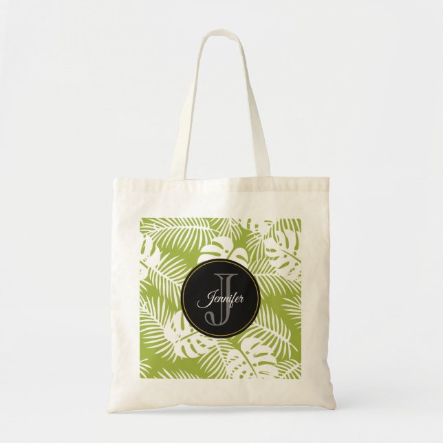 Tote Bag Green Palm Feuille Rainforest Motif Monogram (Devant)