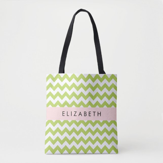 Tote Bag Green Zigzag, Green Chevron, Votre Nom (Devant)