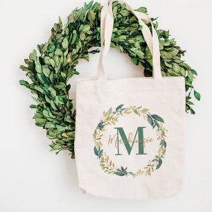 Tote Bag Greenery Gold Floral Wreath Custom Monogram
