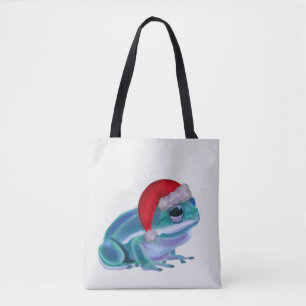 Tote Bag Grenouille bleue avec chapeau de Père Noël.