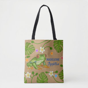 Tote Bag Grenouille Fleurs Feuilles tropicales   Nom person