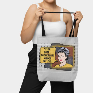 Tote Bag Grey Retro Pop Art Shy Girl Phrase Sarcastique
