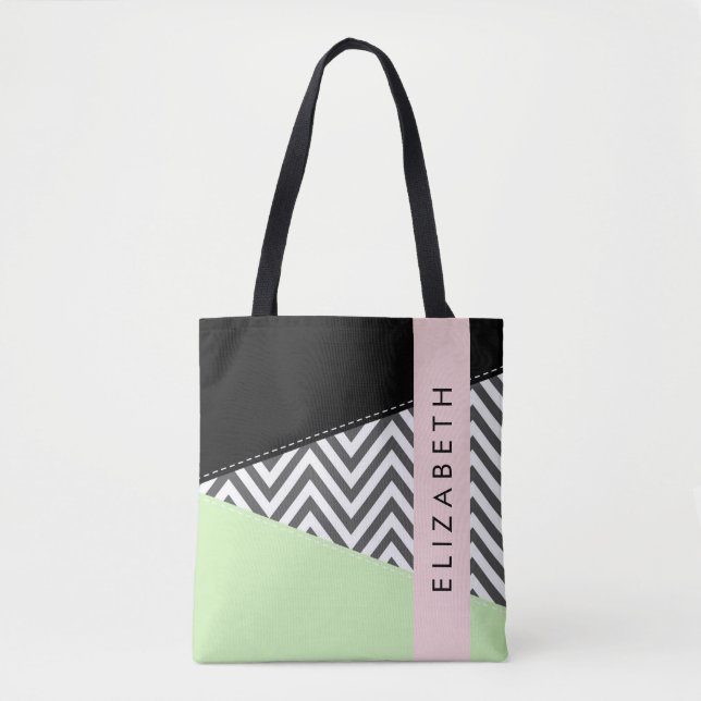Tote Bag Grey Zigzag, Grey Chevron, Mint, Votre Nom (Devant)