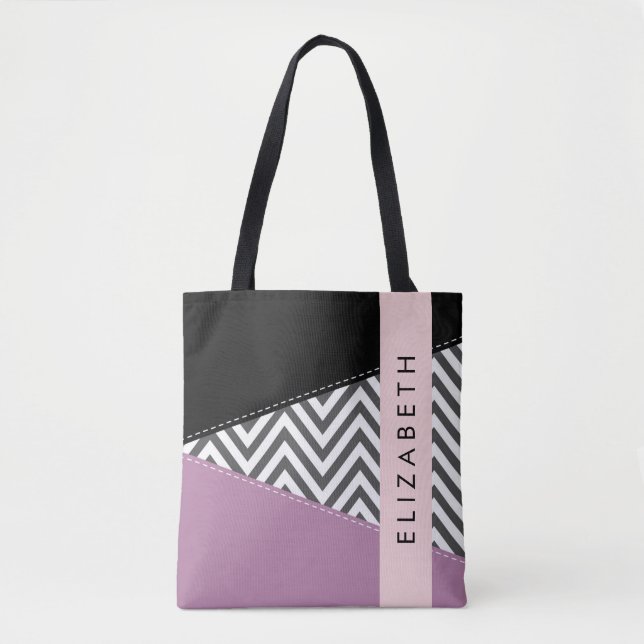Tote Bag Grey Zigzag, Grey Chevron, Purple, Votre Nom (Devant)