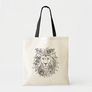 Tote Bag Griffonnage de lion et de fleurs