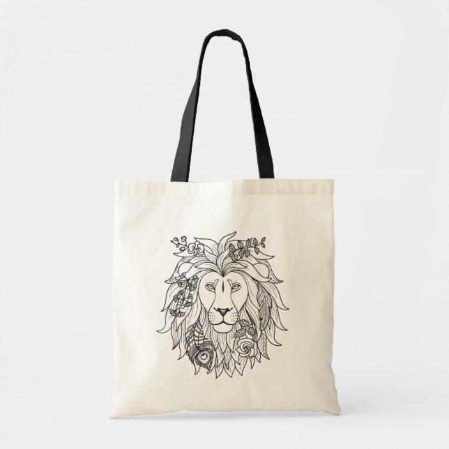Tote Bag Griffonnage de lion et de fleurs (Devant)