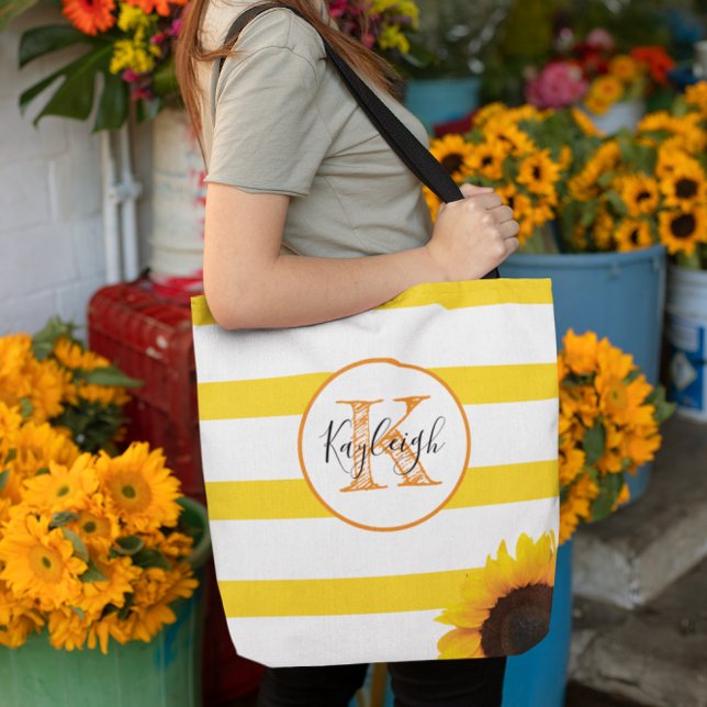 Tote Bag Grille d'or et tournesol Monogramme Personnalisé (Créateur téléchargé)