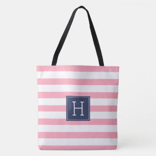 Tote Bag Grilles roses et monogramme bleu