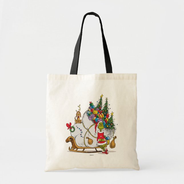 Tote Bag Grinch Classique | Grinch & Max avec traîneau (Devant)