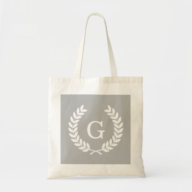 Tote Bag Gris Blanc Blé Laurel Wreath Initial Monogramme (Devant)