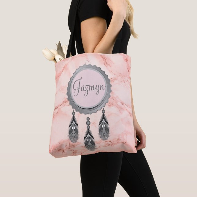 Tote Bag Gris Dreamcatcher sur marbre rose Personnalisé (De près)