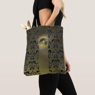 TOTE BAG GRIS NOIR DAMAS FLEUR , MONOGRAMME AGATA GEMME