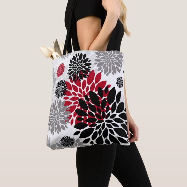 Tote Bag Gris rouge noir surdimensionné motif floral (De près)