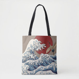 Tote Bag Grue et illustration de vague japonaise C traditio