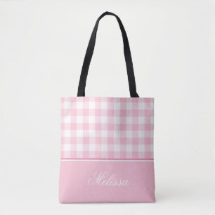 Tote Bag Guingan   de rose en pastel personnalisé
