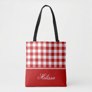 Tote Bag Guingan rouge et blanc démodé personnalisé