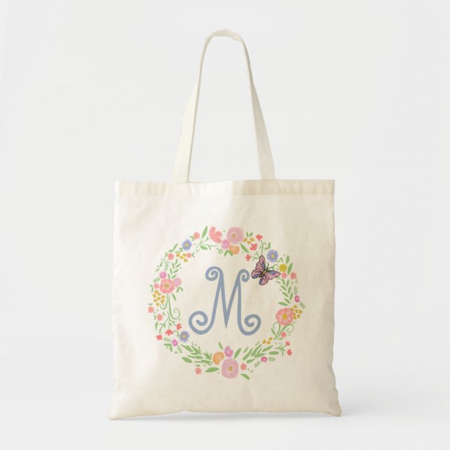 Tote Bag Guirlande de fleur de monogramme et mousseline du (Devant)