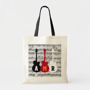 Tote Bag Guitares cool avec notes musicales et initiales