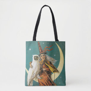 Tote Bag Halloween à l'ancienne, sorcière avec hibou