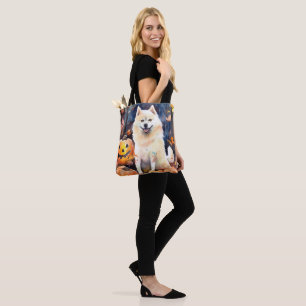 Tote Bag Halloween American Akita avec citrouilles effrayan