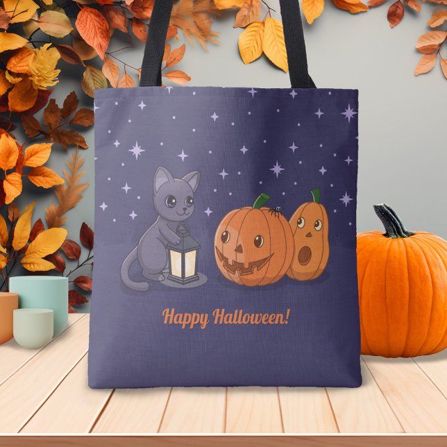 Tote Bag Halloween Black Cat Pumpkins Lantern Purple (Créateur téléchargé)