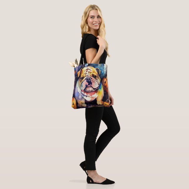 Tote Bag Halloween Bulldog avec la peur Citrouille (Sur le modèle)