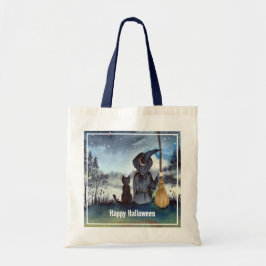 Tote Bag Halloween Chat noir et la Sorcière étoile nuit