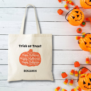 Tote Bag Halloween Citrouille Monogramme Nom Trace ou trait