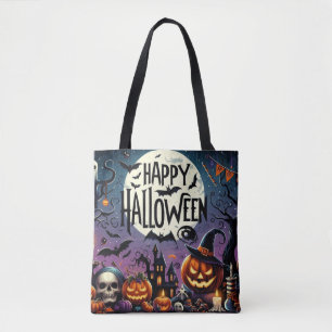 Tote Bag Halloween Citrouilles de nuit, crânes et maison ha
