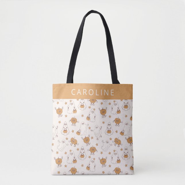 Tote Bag Halloween Cute Super Retro Ghost Citrouille Hallow (Devant)