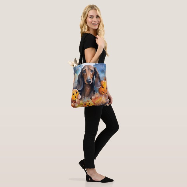 Tote Bag Halloween Dachshund Avec La Peur Citrouille (Sur le modèle)