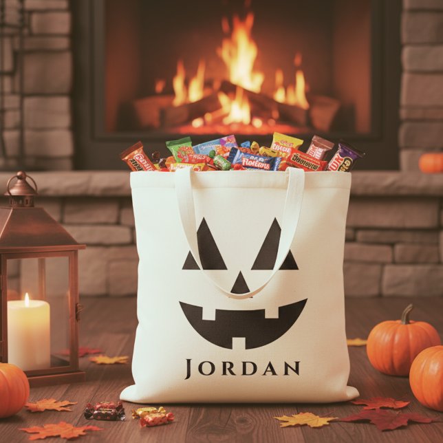 Tote Bag Halloween faciale Jack-O-Lantern personnalisées (Personalized Happy Jack-O-Lantern Face Halloween Tote Bag - Just add your trick-or-treater's name!)