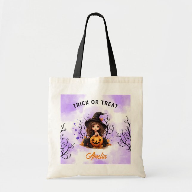 Tote Bag Halloween fille mignonne petit sorcière bonbon (Devant)