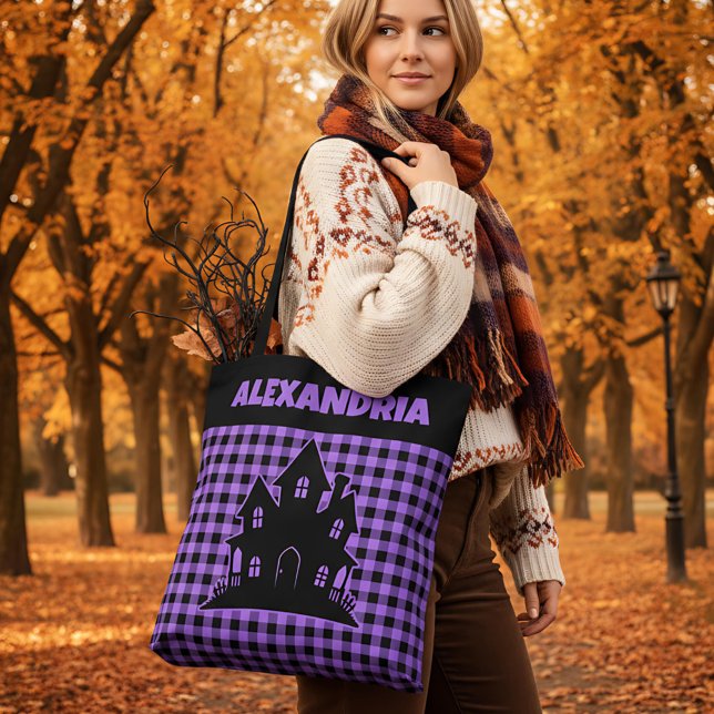Tote Bag Halloween Haunted House Purple & Black Plaid Name (Créateur téléchargé)