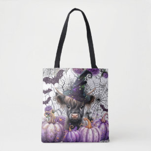Tote Bag Halloween Highland Vache sorcière violet Citrouill