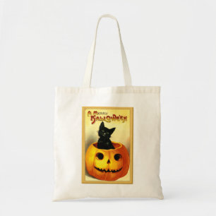 Tote Bag Halloween Kitty assis à Jack-o'-lantern