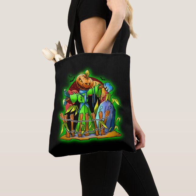 Tote Bag Halloween Lady Scarecrow Citrouille Head RIP Bats (De près)