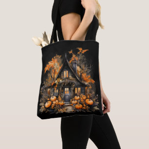 Tote Bag Halloween Maison hantée avec Citrouilles & Foliage