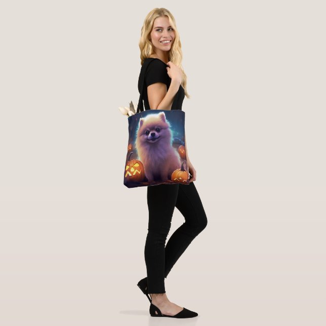Tote Bag Halloween Poméranien Avec La Peur Citrouille (Sur le modèle)