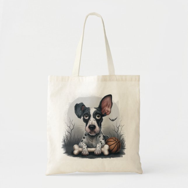 Tote Bag Halloween rapide : Chien tacheté avec basket-ball (Devant)
