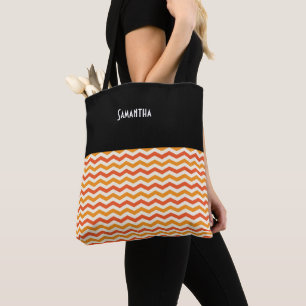 Tote Bag Halloween Retro Chevron noir orange blanc Nom