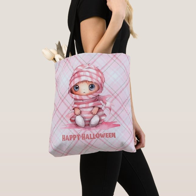 Tote Bag Halloween rose et blanc maman rose plaid (De près)