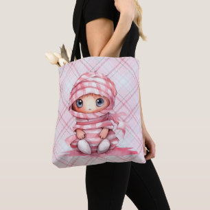Tote Bag Halloween rose et blanc maman rose plaid