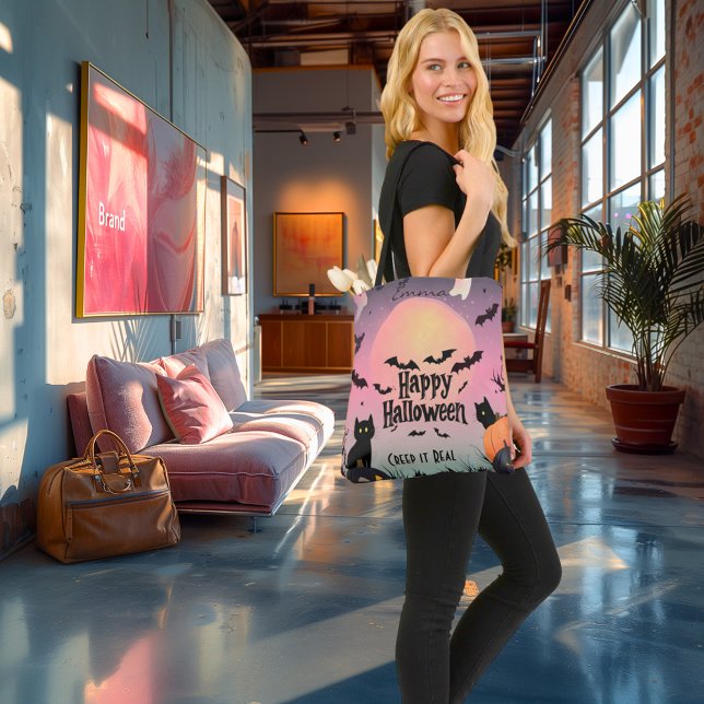 Tote Bag Halloween rose et noir avec chauves-souris et chat (Créateur téléchargé)