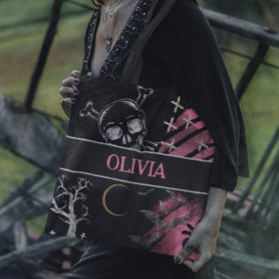 Tote Bag Halloween rose et noir réutilisable
